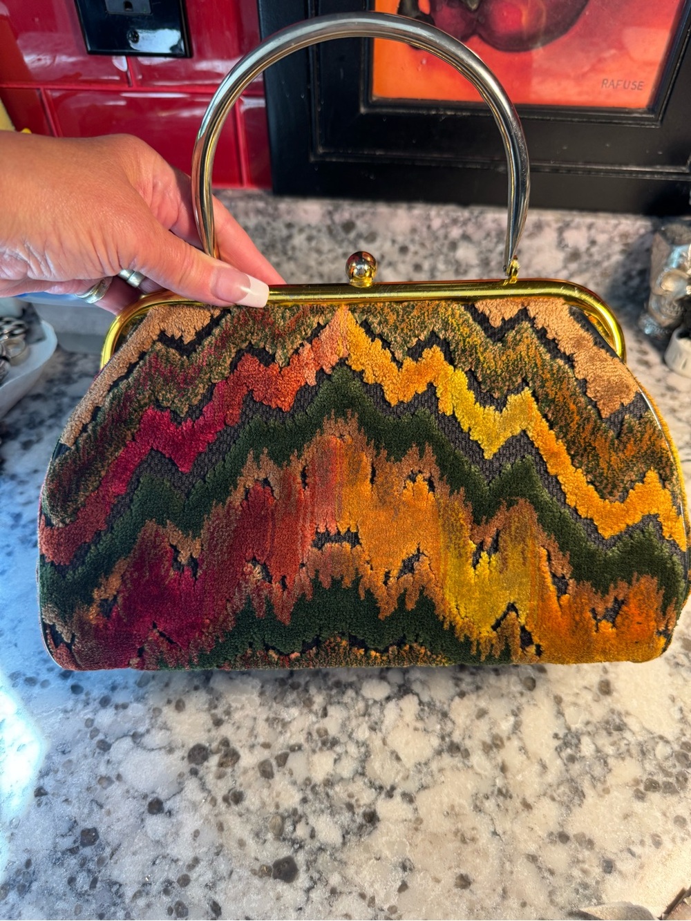 Vintage Kadin Multicolor Velvet Frame Handbag